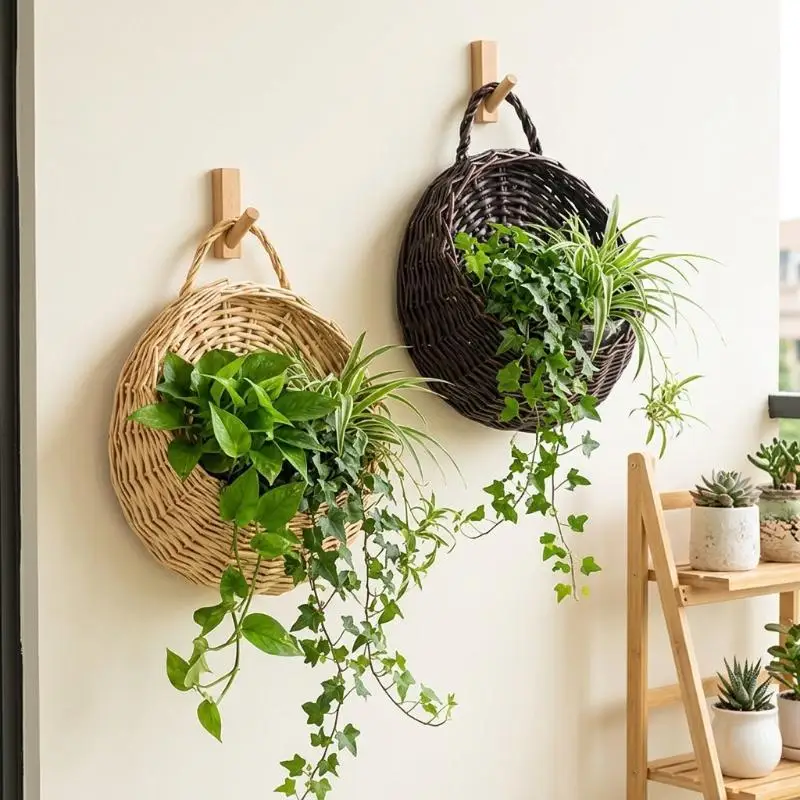 Handwoven Rattan Wall Hanging Planter Basket with Sturdy Handle Handcrafted Rustic for Indoor Potted Plant Bedroom Porch Wall D