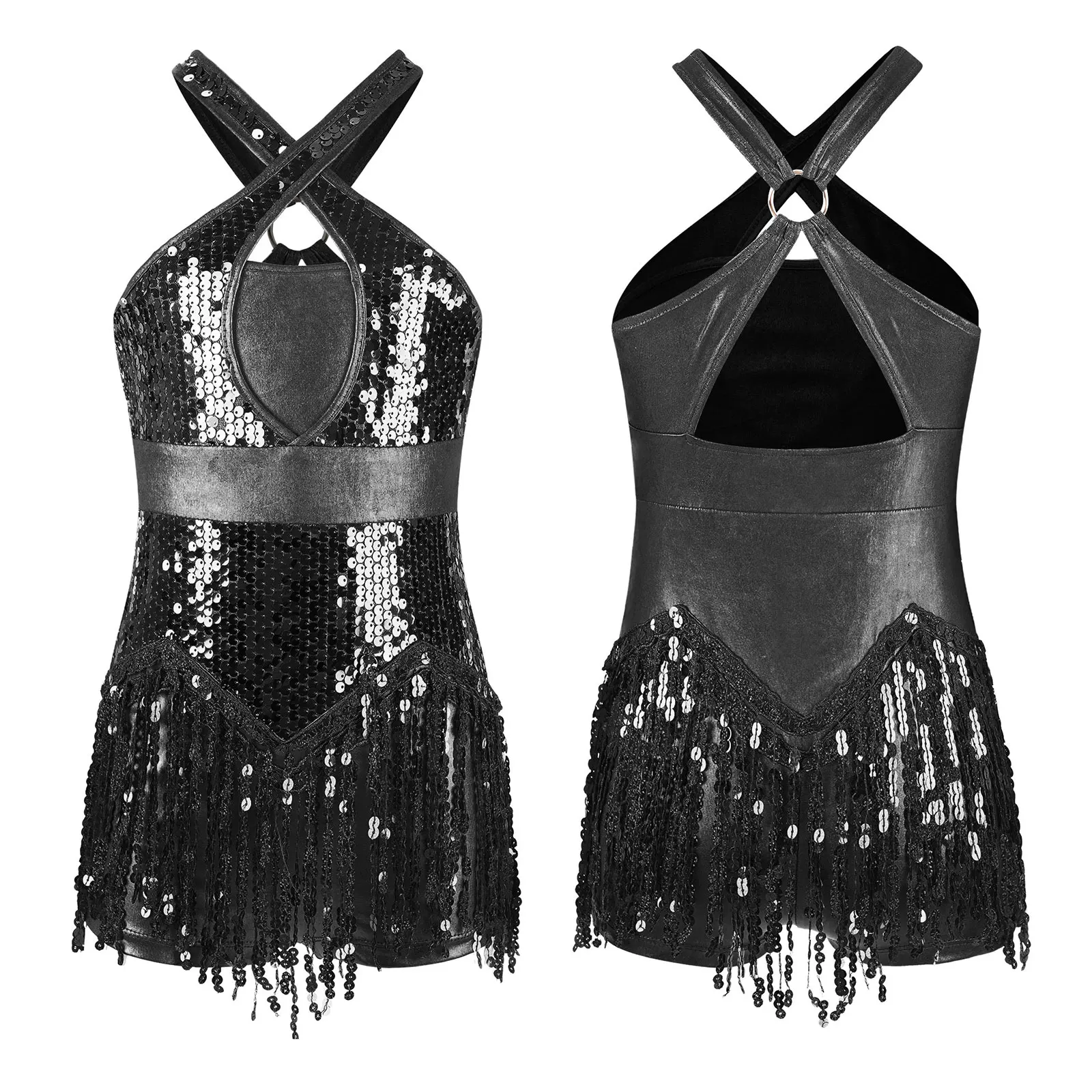 Kids Girls Latin Dance Dress Fringed Cha-Cha Jazz Dance Performance Costume Sparkly Sequins Tassel Leotard Bodysuit Dancewear