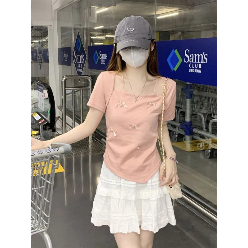 Women Summer Fashion Slim Sexy Diamonds Solid Color Appear Thin Skew Collar Short Sleeve T-Shirt Women Clothes Casual Sweet Tops