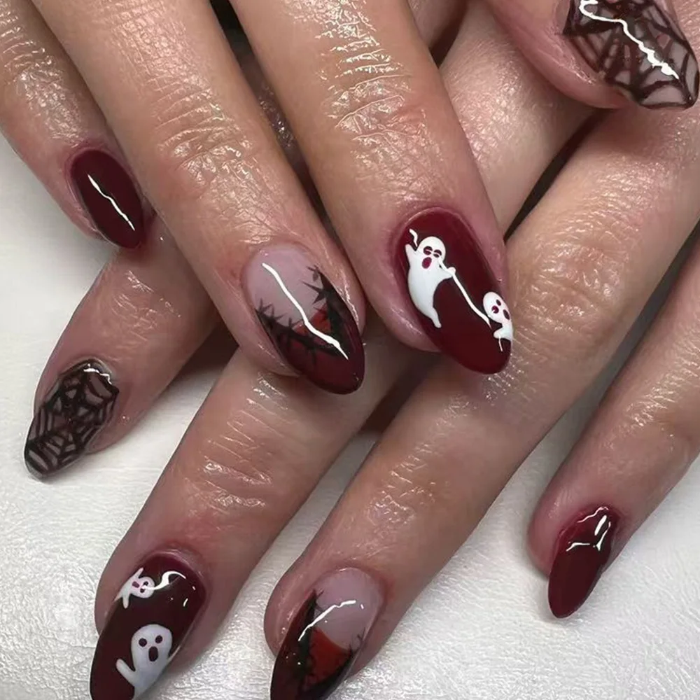 Fall Halloween Short Almond Press On Nails 24Pcs Pumpkin Ghost Maple Leaf Autumn Fake Nails with 1 Jelly Glue and 1 Nail File