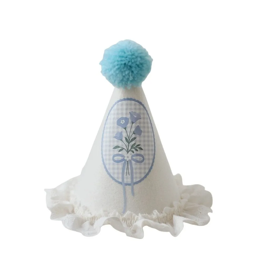 Cute Headwear Birthday Hat Lace Photo Props Birthday White Hat Princess Style Flower Blue Hat Girls