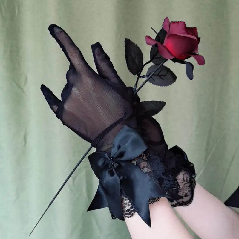 

Lolita Dress Styling Retro Gloves Temperament Celebrity Bow Lace Perspective Finger Summer Sunscreen Women's Gloves