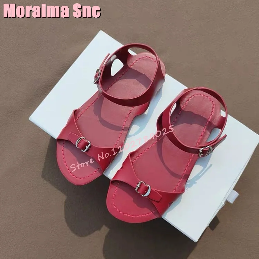 Round Toe Belt Bucle Sandals Flat With Ankle Buckle Strap Sexy Fashion Women's Shoes Summer Burgundy Solid Casual Outdoor 2024