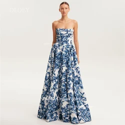 OLOEY-vestido de fiesta de boda sin tirantes, personalizado, estampado azul único, vestidos de graduación de satén, sin mangas, largo hasta el suelo, corsé con cremallera en la espalda