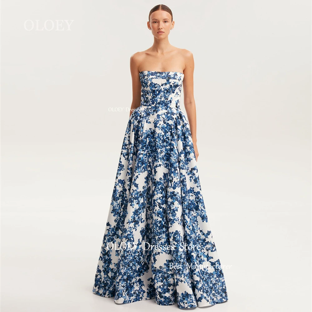 OLOEY 2024 Strapless Wedding Party Dress Unique Blue Print Satin Prom Dresses Sleeveless Floor Length Custom Zipper Corset Back