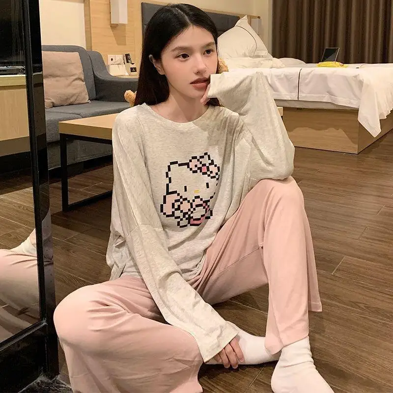 

Комплект пижам Sanrio Hello Kitty, женская домашняя одежда с героями мультфильмов, новинка весны и осени, свободный крой с длинными рукавами, милая ночной одежда для улицы