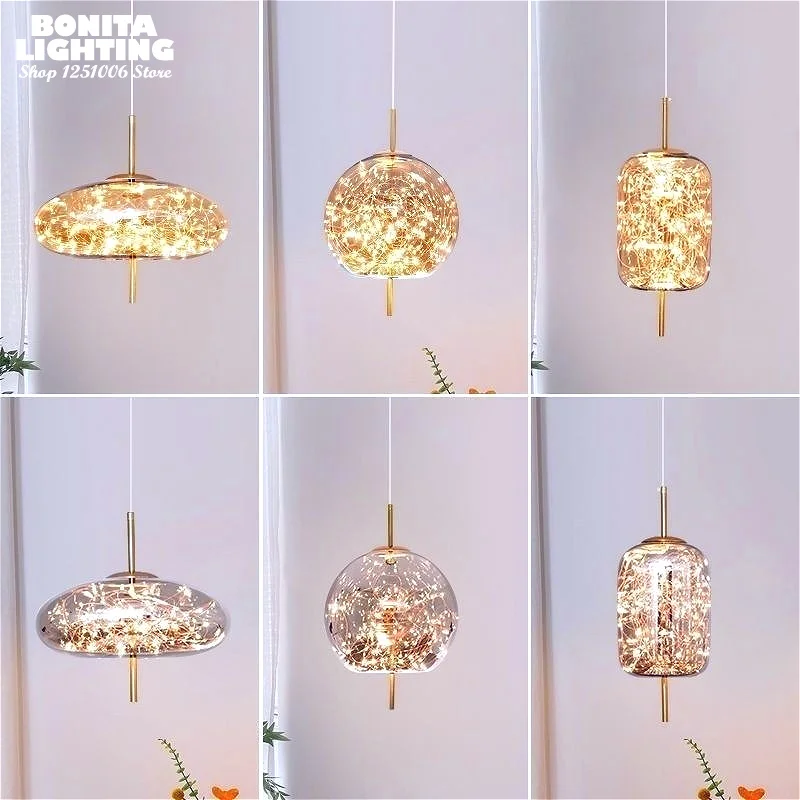 Star LED Strings Pendant Lamp Smoky Grey Globe Glass Hanging Light for Dining Room Bar Shop Modern Ambient Lighting Fixture
