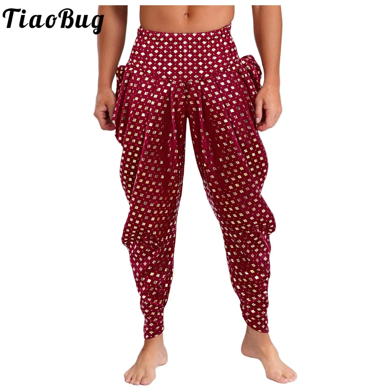 Men Traditional Indian Ethnic Clothing Metallic Floral Printed Satin Dhoti Pants Halloween Theme Party Costumes Pleated Trousers