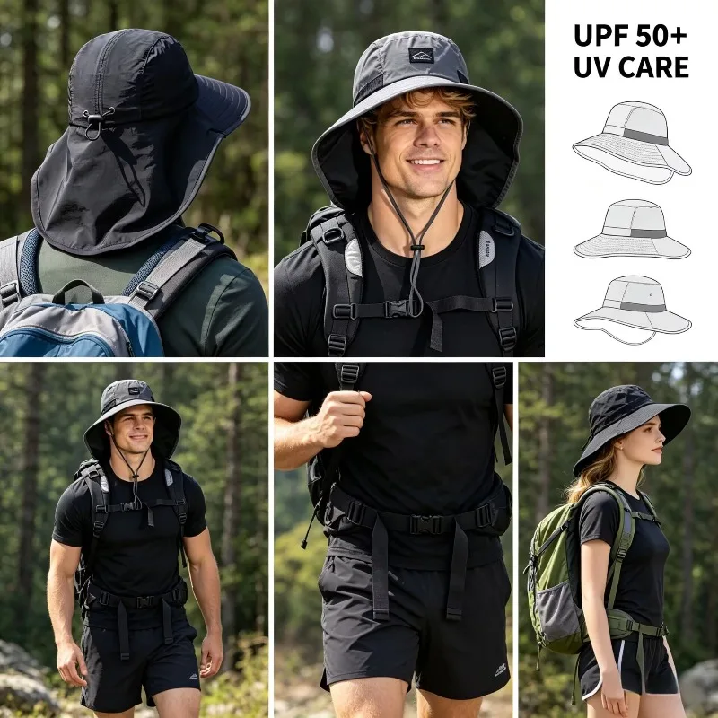 Unisex Summer Wide Brim Waterproof and Quick-drying Panama Caps Outdoor Visor Bucket Hats Mesh Breathable Sun Hat with Neck Flap