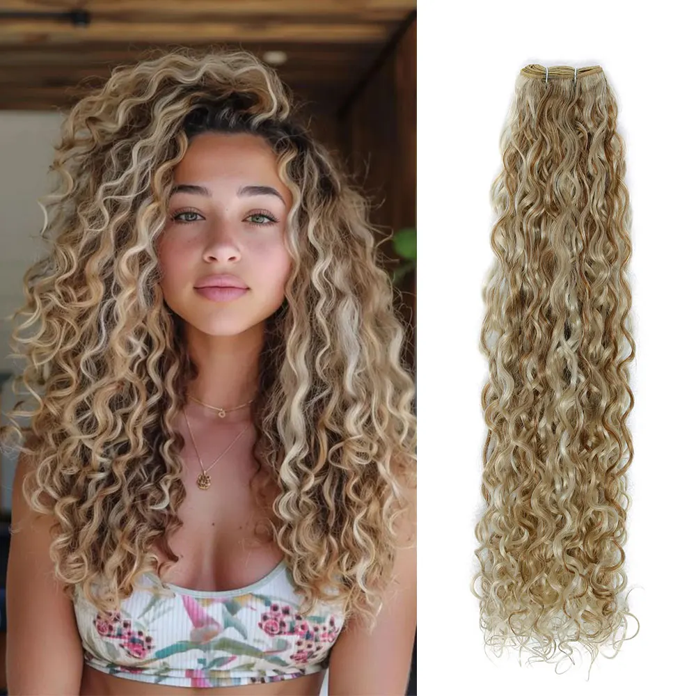 Synthetische Haarbündel, 61 cm, Wasser, Wasser, Klavier, Blond, Hochtemperaturfaser, lockiges Haarteil, Haareinschlagfaden ohne Clip, 120 g/Stück