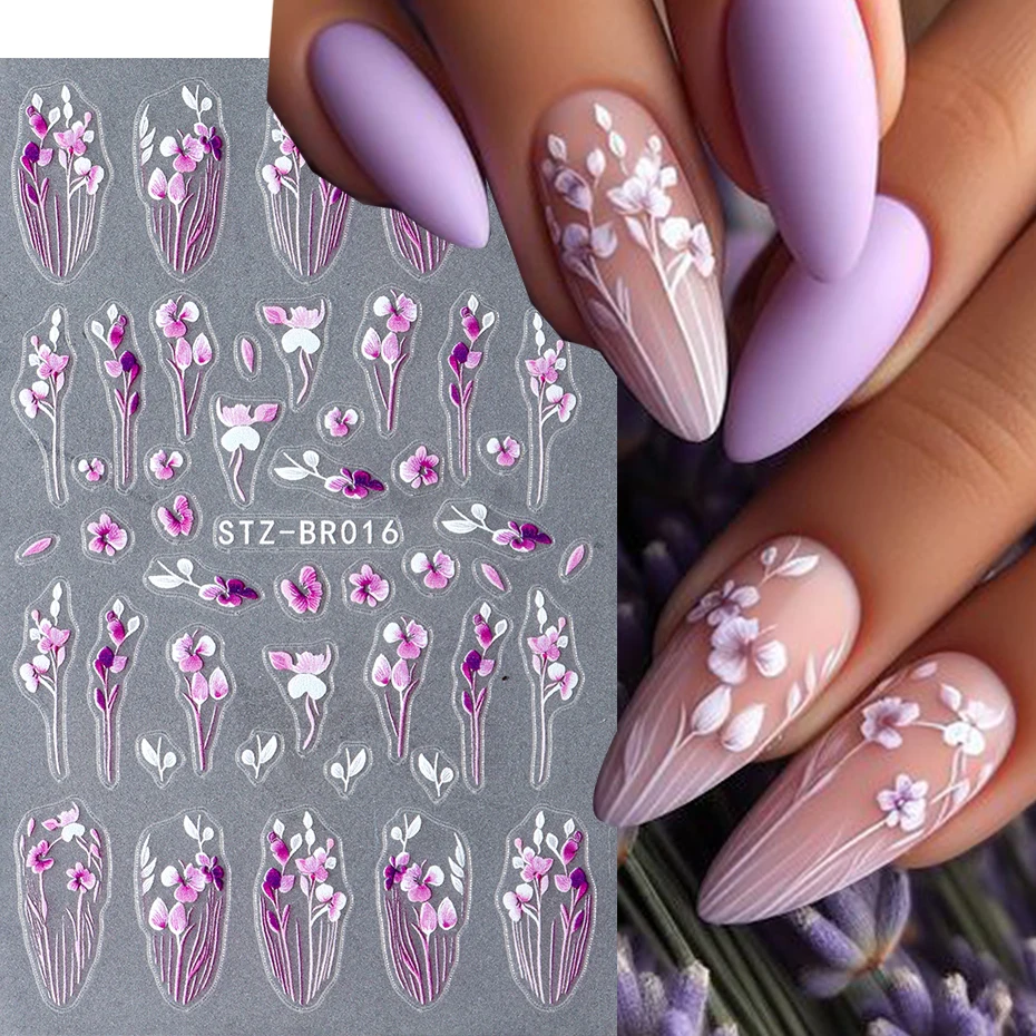 Purple Wisteria Flower Nail Stickers 5D Daisy Cherry Blossoms Petal Leaves Butterfly Spring Summer Slider Y2K Manicure Decor