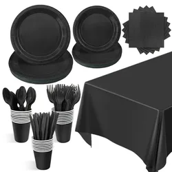 Solid Black Theme Cutlery Birthday Party Paper Disposable Tableware Paper Napkins Cups Plates Tablecloth Fork spoon Party Decor