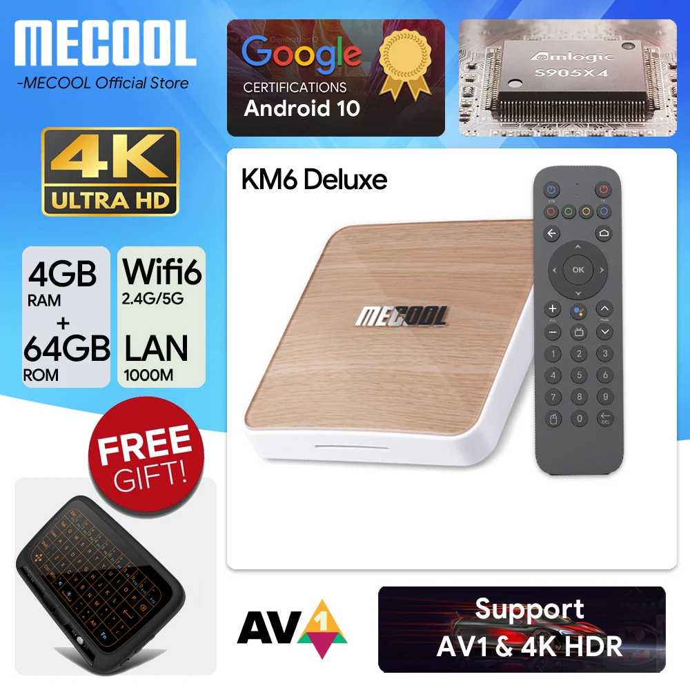 MECOOL KM6 TV Box Media Player Wifi 6 Google Certified Android 10.0 4GB 64GB Amlogic S905X4 1000M LAN BT 5.0 Smart Set Top Box