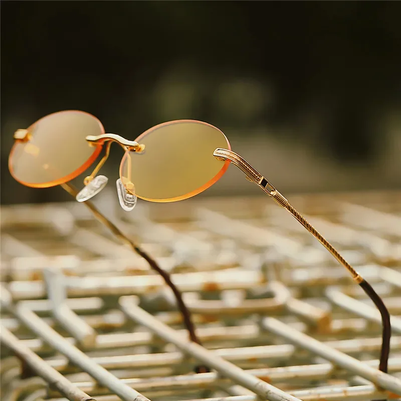 Retro Oval Sunglasses Rimless Man Blue Mirror Gold Metal Male Glasses Round Frameless Women UV400