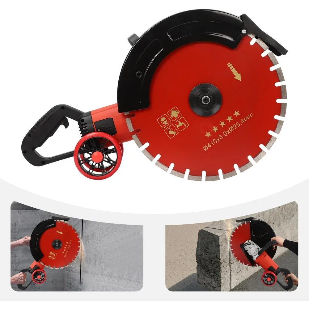 Serra de concreto úmida/seca de 16 polegadas e 4000 W com linha de água, bomba e lâmina para profundidade de corte profunda de 6,5 polegadas