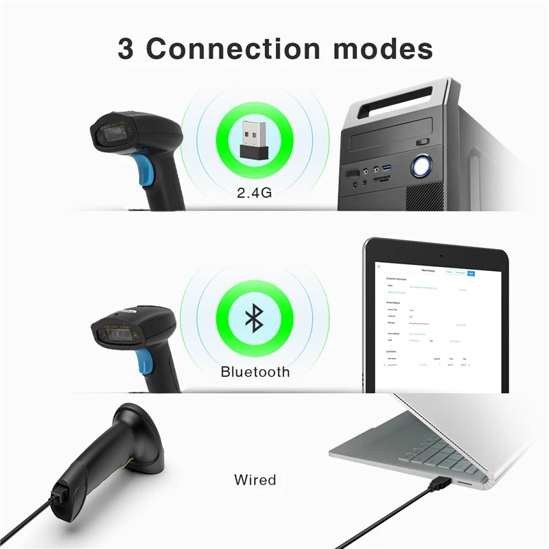 Wireless 2D Barcode Scanner Bluetooth Portable Handheld 1D/2D QR Code Reader Quick Identify Bar code CMOS for Retail Warehouse