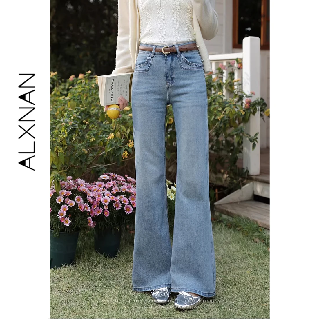 

Женские расклешенные джинсы ALXNAN: элегантные винтажные синие джинсовые брюки, весна-лето 2026, повседневные, облегающие, модные, базовые, длинные джинсы L62088