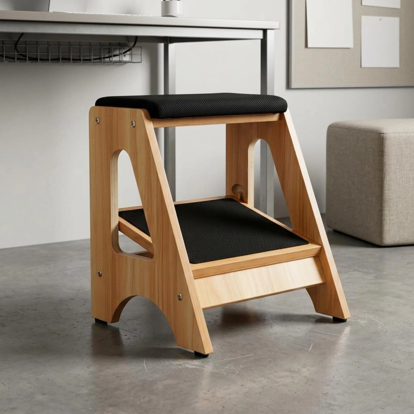Height Adjustable Step Stool Natural Wood Finish Wooden Foot Stool Household Furniture Cutout Side Design Anti-Slip Base