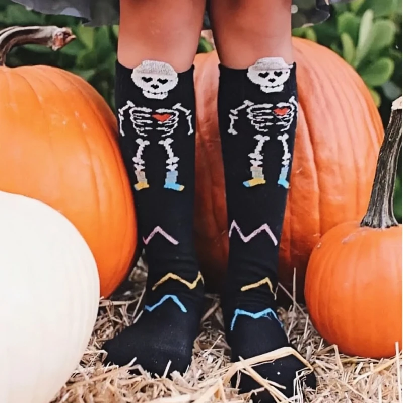 

Halloween Socks for Kids Skeleton Skull Print Knee High Socks Black Boys Girls Bones Spooky Gift Ideas Carnival Theme Party