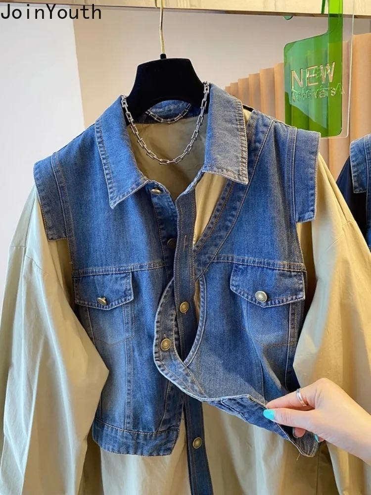 Fashion Blouse for Women Patchwork Denim Fake Two Shirts 2023 Blusas Mujer De Moda Casual Fashion Korean Oversized Y2k Tops