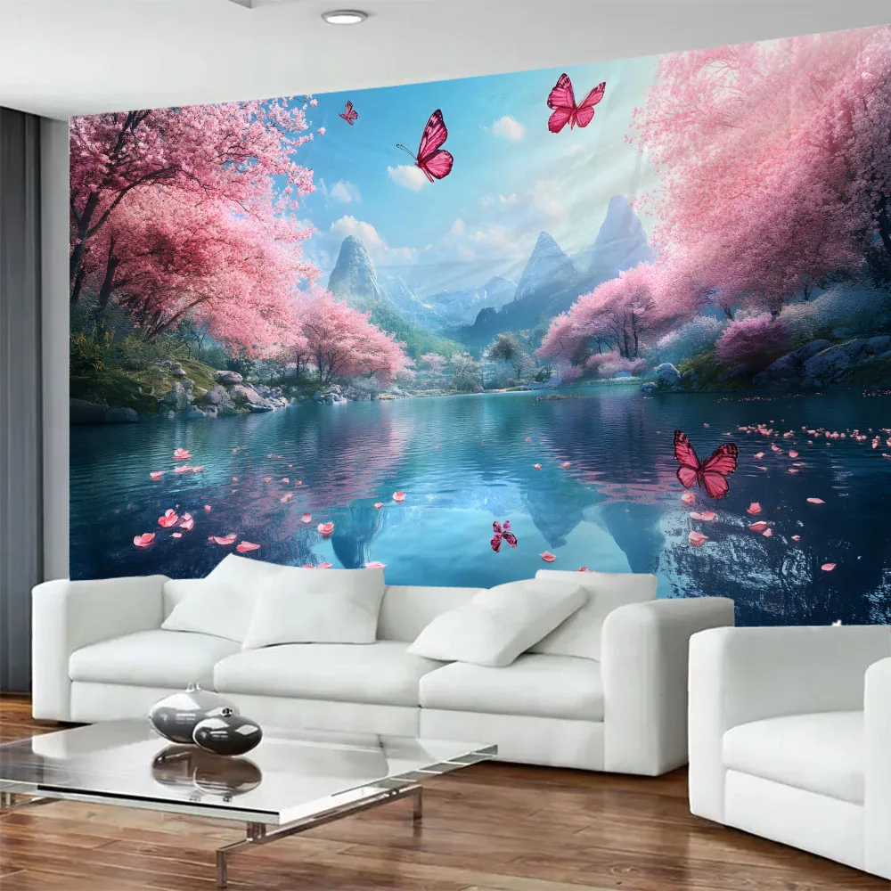 

Japanese Dream Cherry Blossom Butterfly Tapestry Living Room, Bedroom, Office Wall Hanging, Party Decoration Background Poster