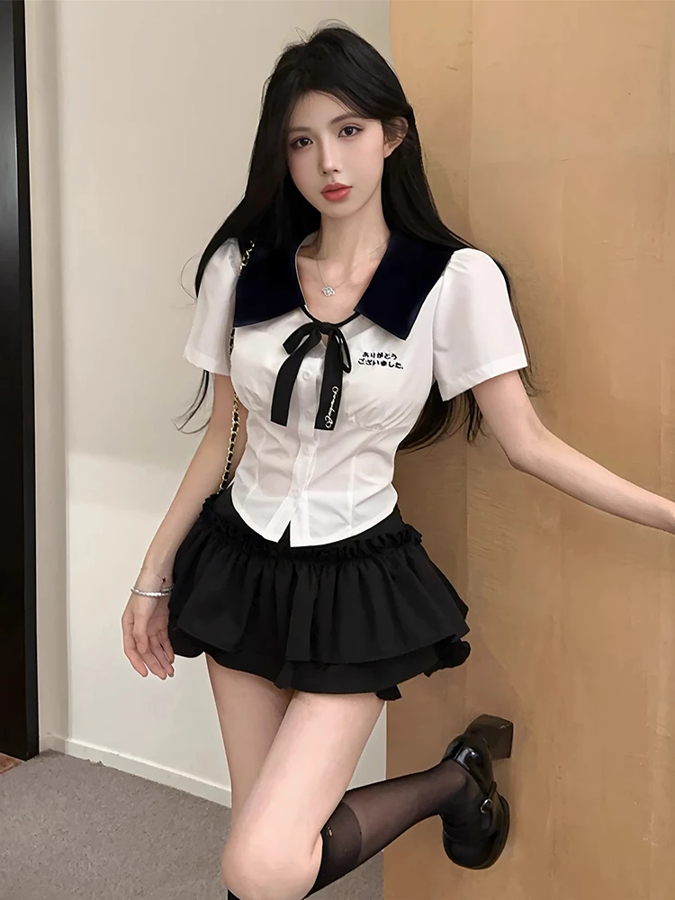

College Style JK Uniform Set Women's Summer Design Short High Waist Two-Piece Suit Cake Pants Skirt Outfit Pure Desire