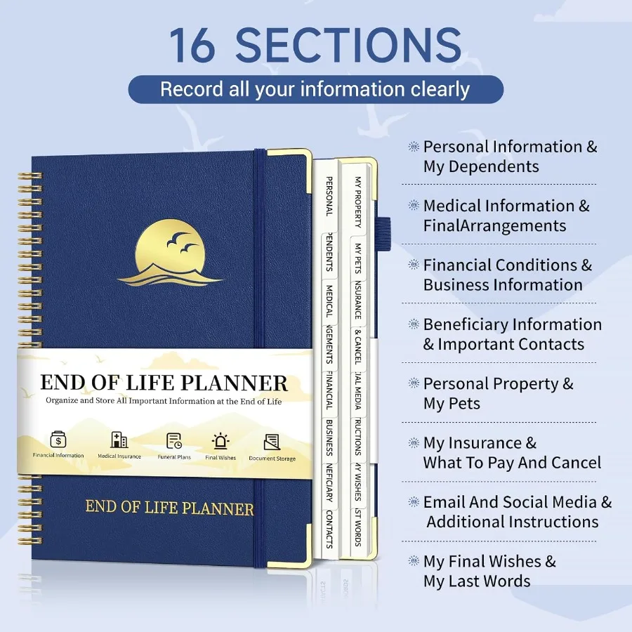 End of Life Planner Estate Planning Organizer with Tabs for Senior Spiral Funeral Planning Book with Large Font Gold Corner Gua