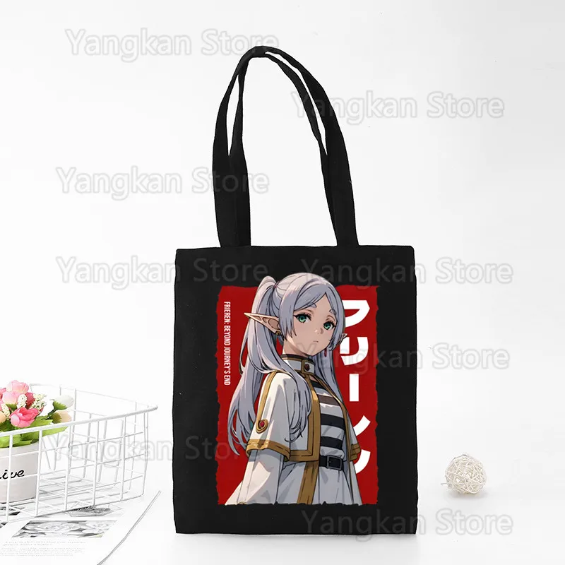 Frieren Harajuku Art Shopping Black Bags Canvas Tote Bag Printed Cartoon Reusable Cloth Bag Handbag Shoulder Bags Custom