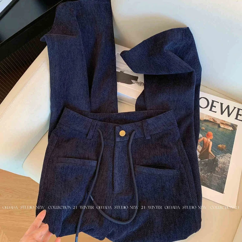 الأزرق الداكن عارضة واسعة الساق السراويل النساء في ربيع الخريف تصميم جديد الرباط عالية الخصر التخسيس مستقيم الطابق السراويل