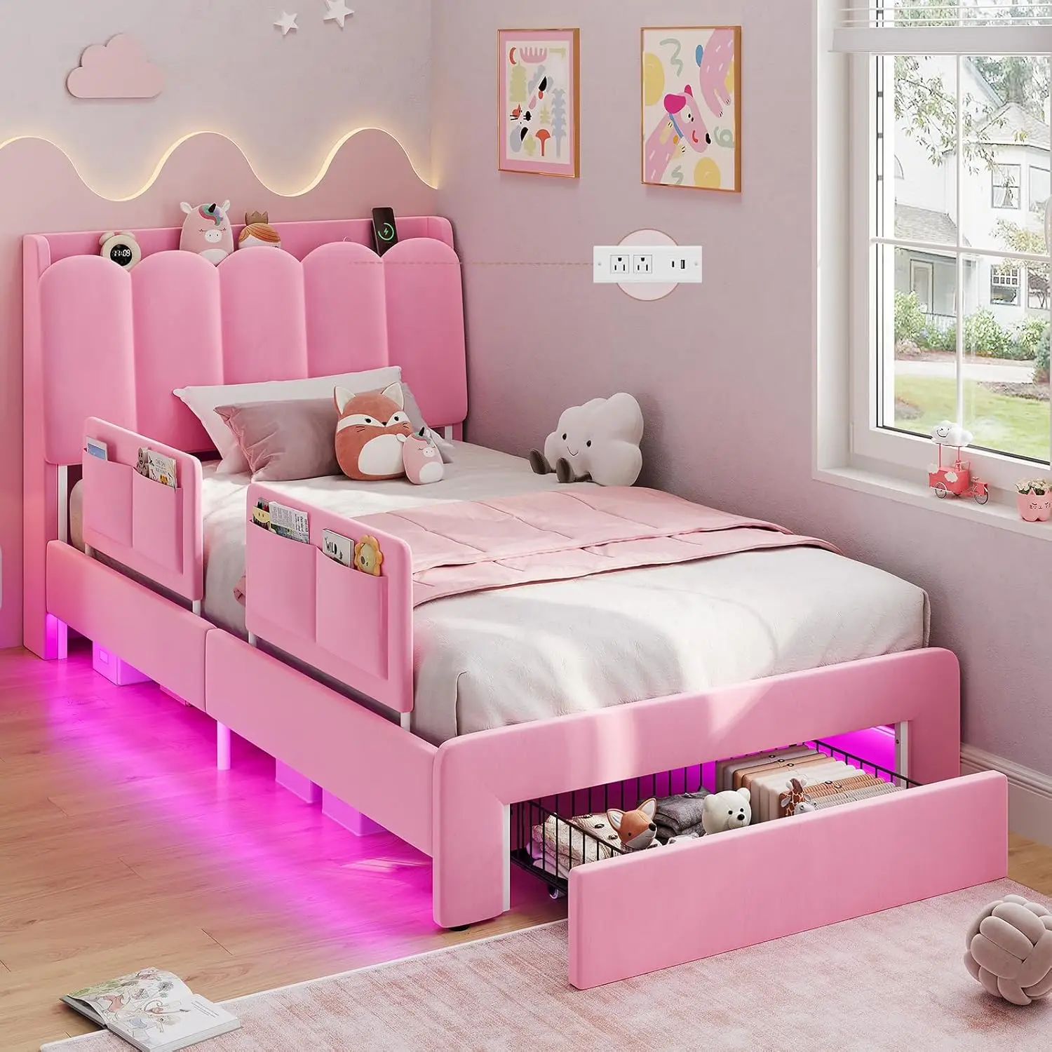 

Двуспальная кровать-платформа «Принцесса» с ящиком для хранения и защитными бортиками, обитая бархатом, со светодиодной подсветкой, на заказ