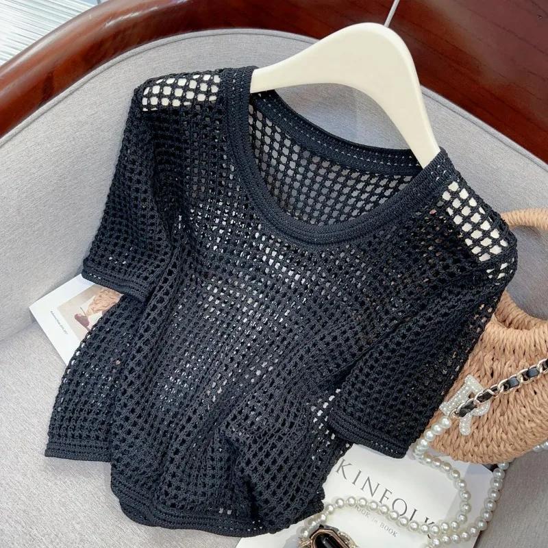 Summer Hollow Out Short-sleeved Knitted T-shirt Women's 2024 New Chic Niche Loose Short Solid Color Versatile Top