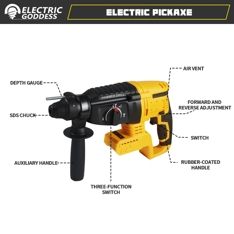 26 مللي متر مطرقة كهربائية بدون فرش اللاسلكي تأثير مطرقة الحفر متعددة الوظائف مطرقة دورانية أداة السلطة لدبوس بطارية ديوالت 20 فولت #2