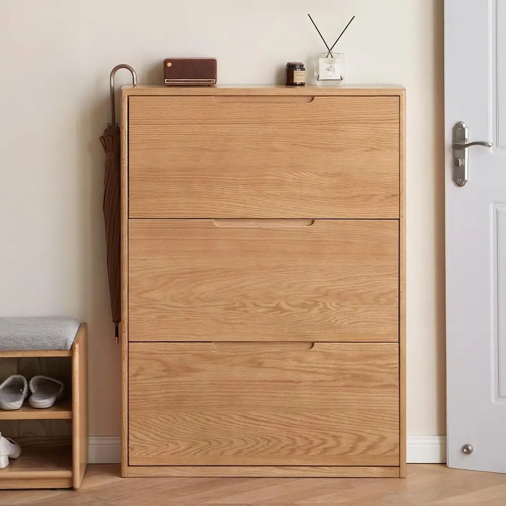 

Natural Oak Wood 3-Tier Shoe Storage Cabinet, Slim Design for Entryway, 7.9 x 33.5 x 45.7