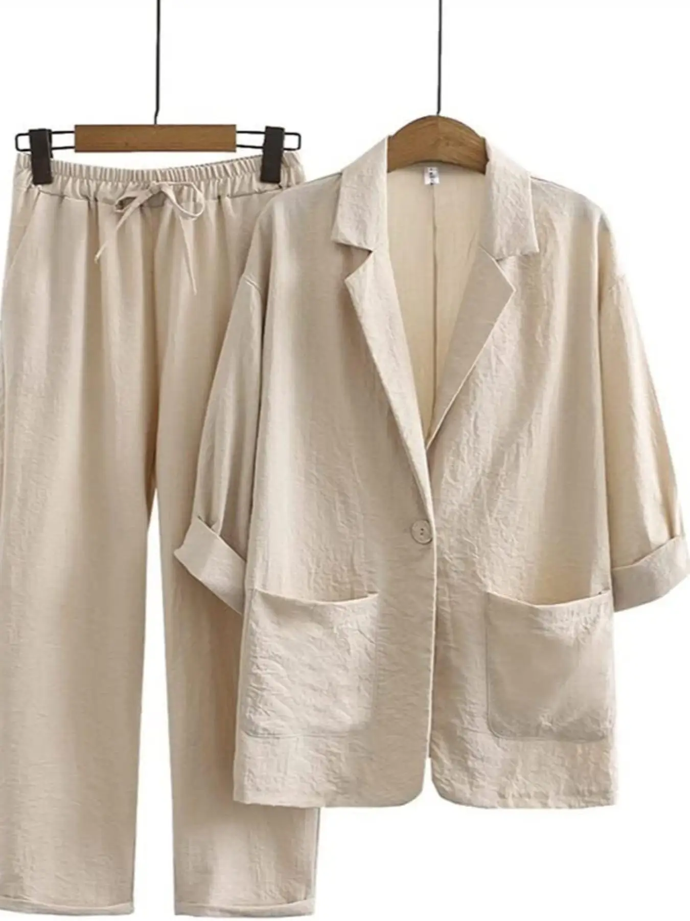 Image of NEUES HERBST-DAMEN-SET AUS BAUMWOLLE UND LEINEN, ZWEITEILIGES CASUAL-UNTERNEHMENSKLEIDUNGS-SET, ELEGANTES ANZUG- UND HOSENSET MIT BLAZER-KRAVATTKOLLAR-DESIGN