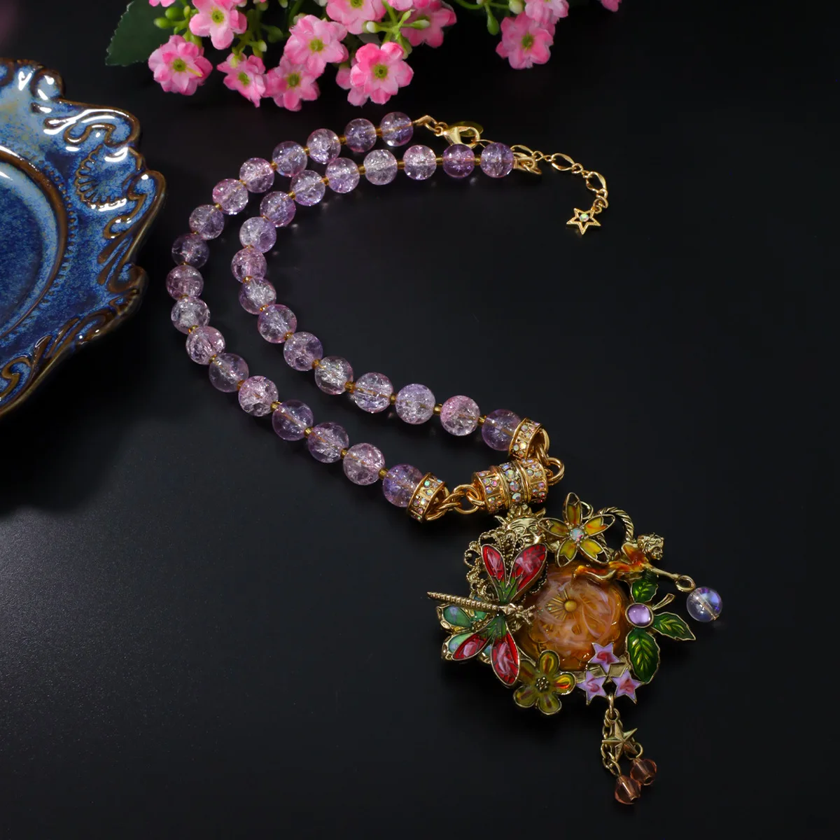 Vintage Necklace for Women Luxury Fairy Garden Purple Beaded Chain with Butterfly Floral Enamel Pendant Charms for Party