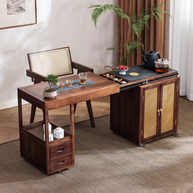 

Walnut retractable tea table mobile tea table kettle integrated cabinet office dual-purpose table balcony small tabl