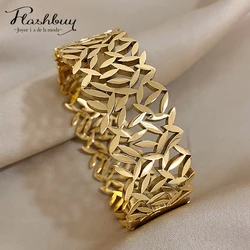 Flashbuy Chunky Gold Color Charm Leaf Wide Stainless Steel Bangles Bracelets for Women Men New Design Wrist Waterproof Jewelry