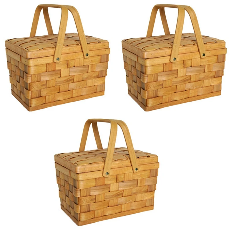 3X France Style Picnic Basket Bread Baskets Hiking Storage Box Cake Table Decorating Food Photography Hand-Wood Color