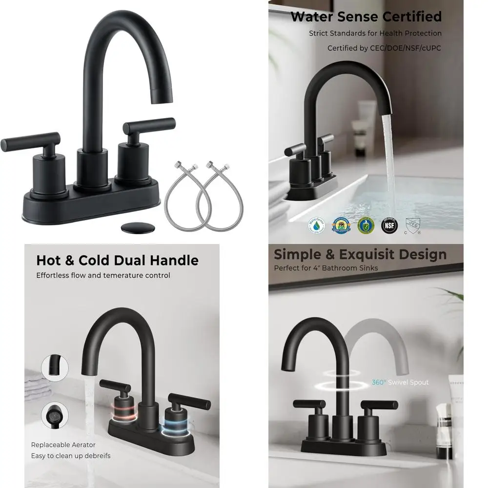 

Modern 4 Inch 2-Handle Black Centerset Bathroom Faucet with 360° Swivel and Pop-up Drain, Fits 2-Hole Sinks