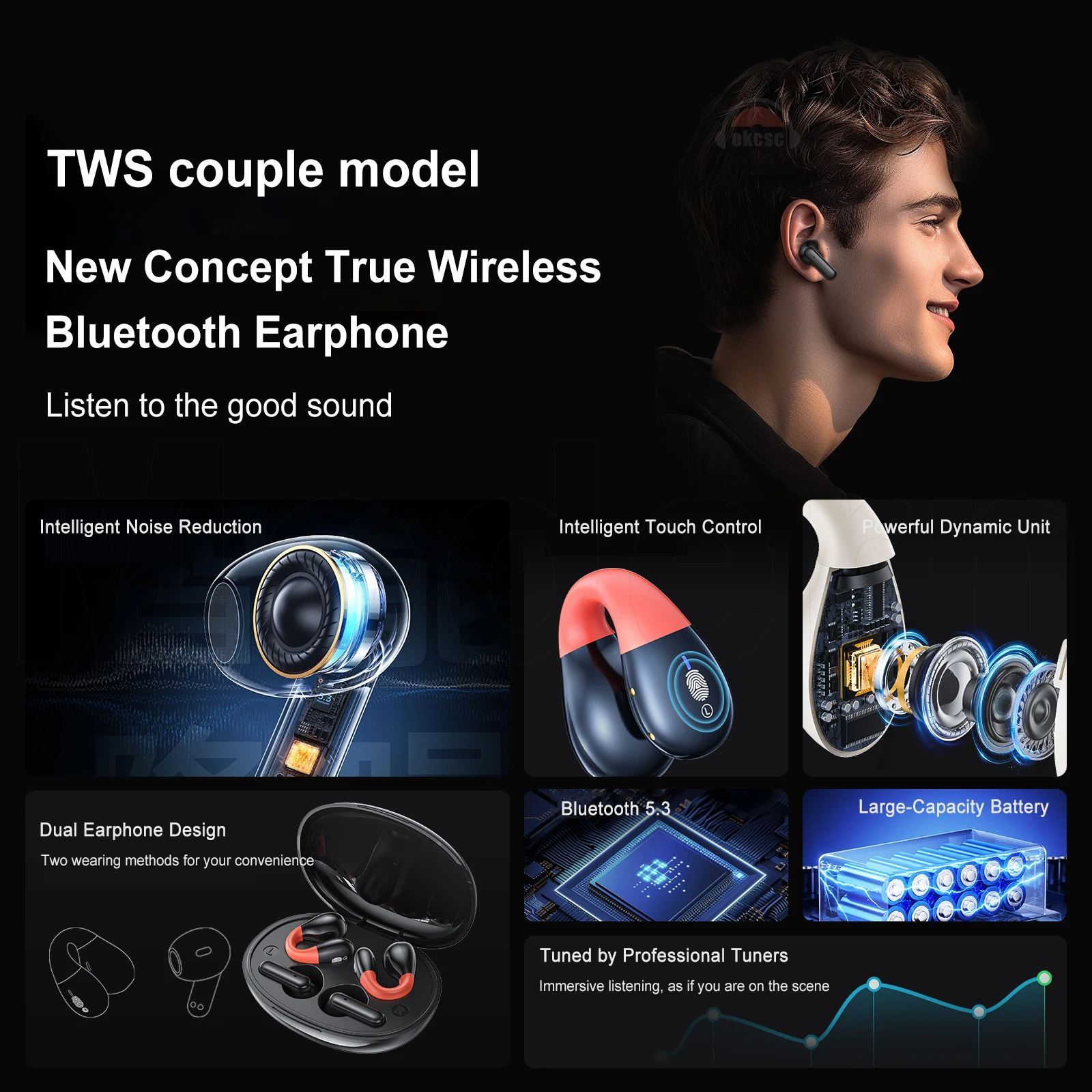 YKY-B01 YKY-J02 TWS OWS Earphones In + Ear Clip Couple Sports Wireless Earbuds With Noise Cancelg And Hifi Sound Quality