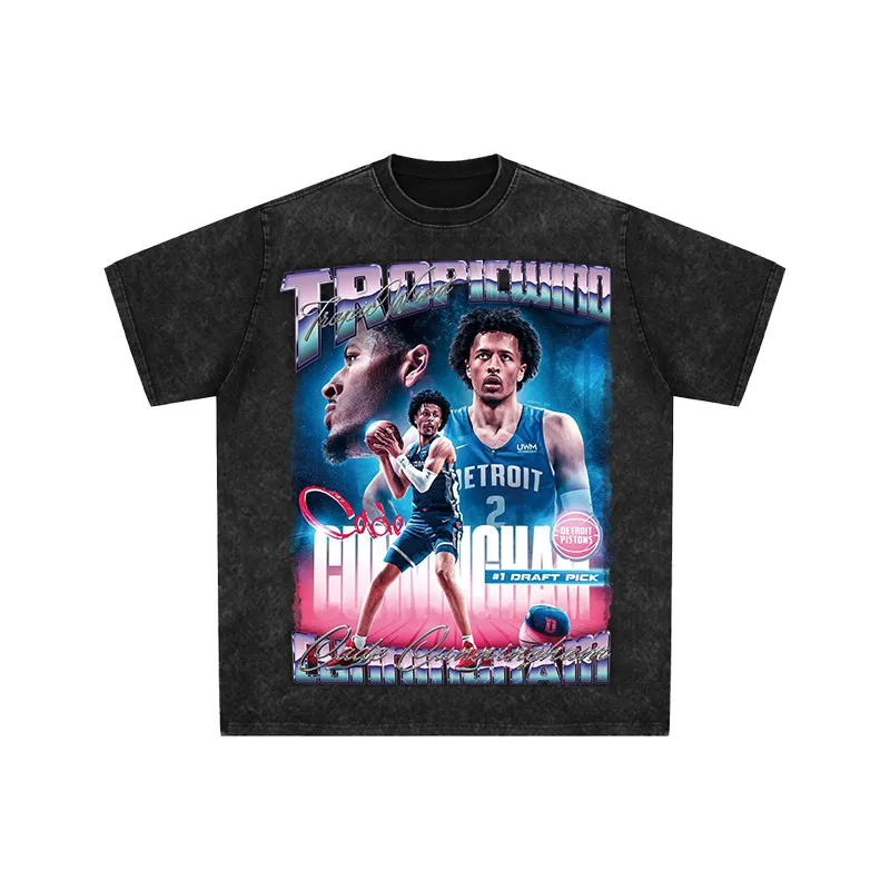2026 Star T-Shirt – American Washed Hip-Hop Heavyweight Retro Kurzarmshirt – Detroit Pistons Rookie – Kade Cunningham