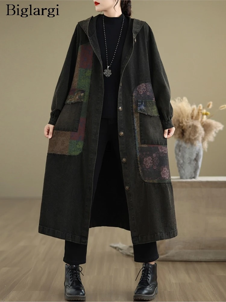 Denim Hooded Flower Floral Print Fashion Casual Ladies Jackets Loose Pleated Woman Coats Oversized Autumn Long Coat Women