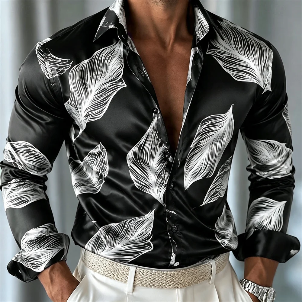 Men Long Sleeve Shirt Black Satin White Leaf Print Turn‑down Collar Button‑up Party Top