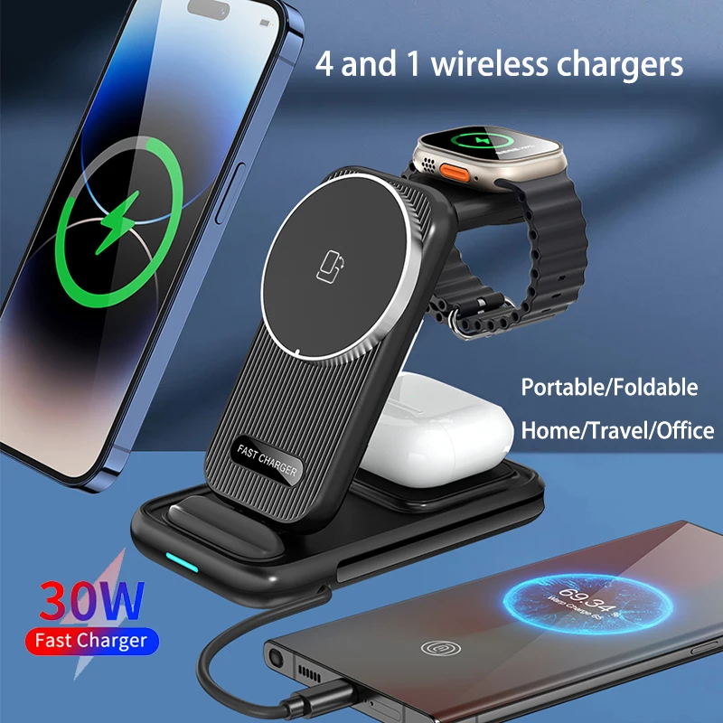 2025 15W 4 in 1 QI2 Magnetic Folding Wireless Charger Fast Charging Dock Stand For iPhone 16-12 Apple Watch Samsung S22 S20 S10