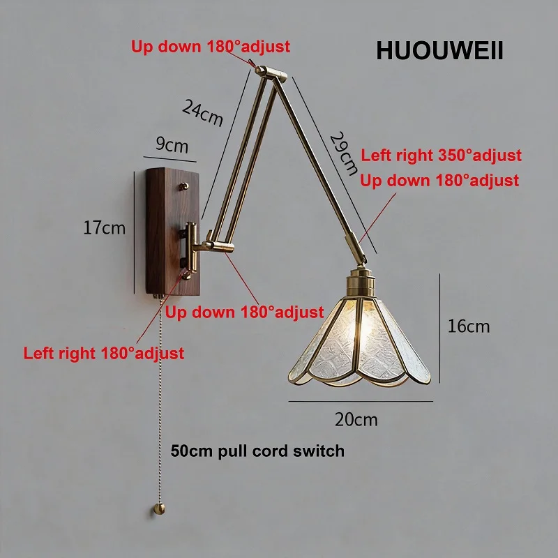 Retro Glass Wall Lamp LED Rotate Bedroom Bedside LampLiving Room Background Wall Rocker Telescopic Folding Switch Lamp