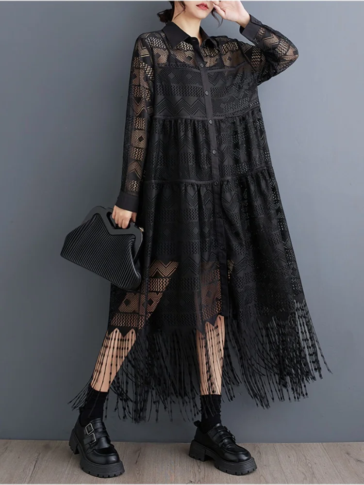 SMTHMA 2023 Nieuwe Lente Herfst Mode Stijl Kant Patchwork Lange Jurk vrouwen Zwart Veelzijdige See Through Losse Shirt Jurken