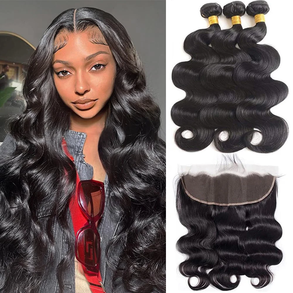 

Human Hair Bundles With Frontal Body Wave 100% Unprocessed Brazilian Virgin Real Human Hair 3 Bundles with 13x4 HD Lace Frontal