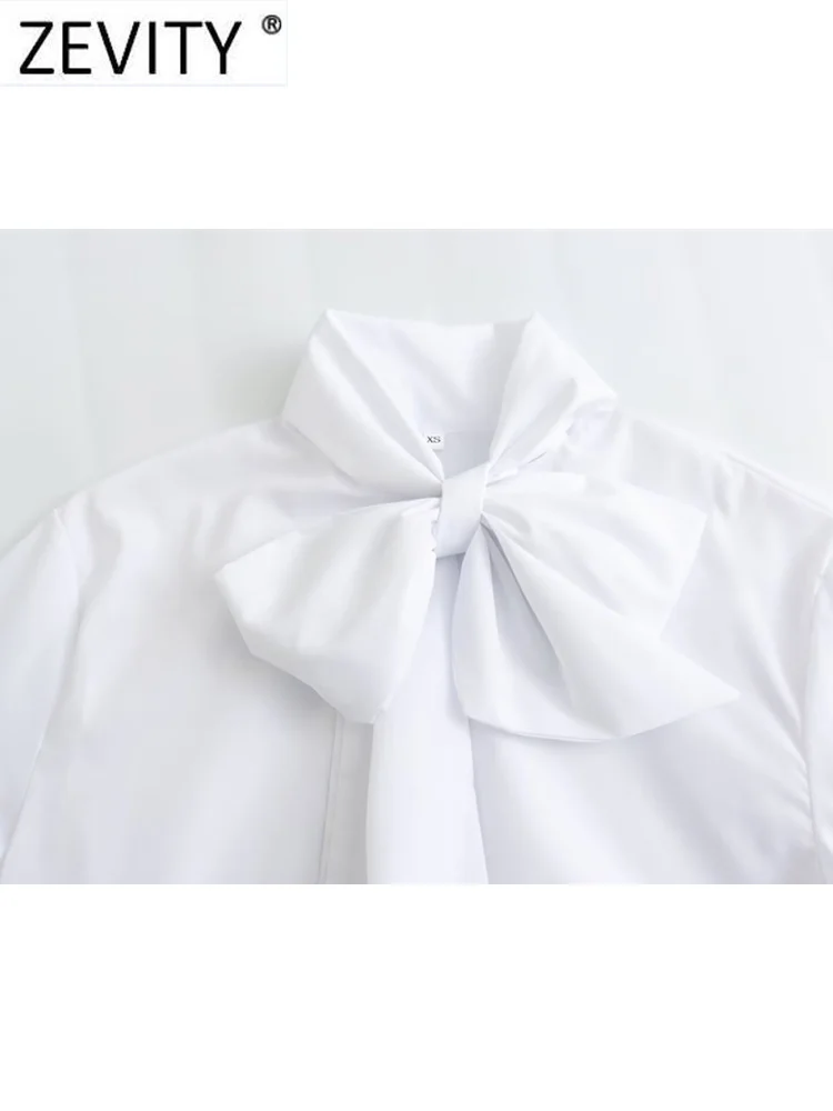 Zevity 2024 New Women Fashion Bow Collar White Poplin Smock Blouse Office Lady Long Sleeve Shirt Chic Chemise Blusas Tops LS5912