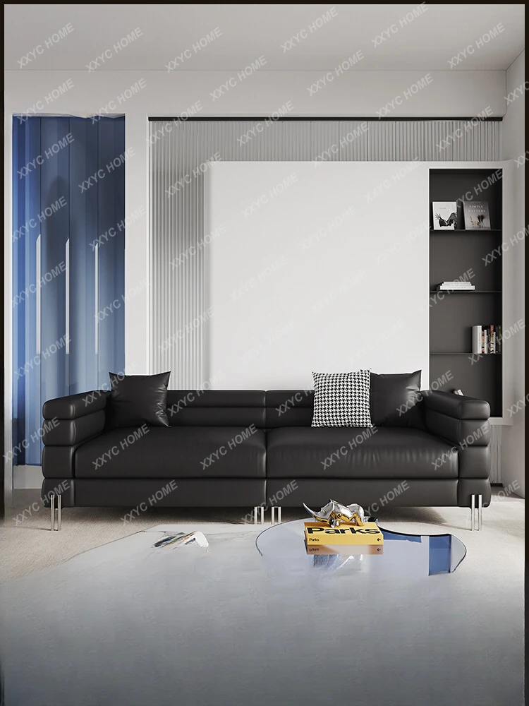 Leather Sofa Small Apartment High-Grade First Layer Cowhide Black Sofa Living Room