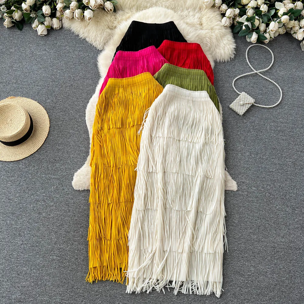 

Women Chic Pleated Tassels Tiered Full Skirt High Waist Elegant Korean Fashion Hip Wrap Skirt Sweet Summer Clothing